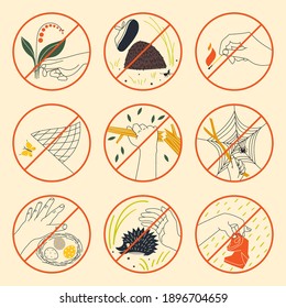 A set of vector illustrations in minimalistic style about a rules of conduct in the wild.