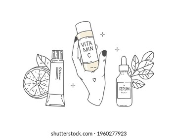 Conjunto de ilustraciones vectoriales en un estilo minimalista. Dibujo de contorno moderno. Cosméticos de vitamina C. Suero, tónico, crema con hojas y naranjas. Antioxidantes, pelando por la piel brillante. Rutina de cuidado de la piel.