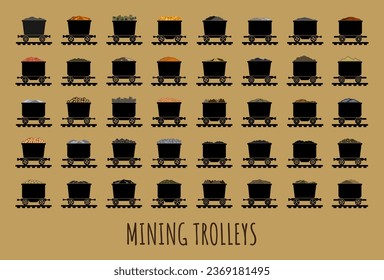 Set of vector illustrations of mining carts with different types of ore.
