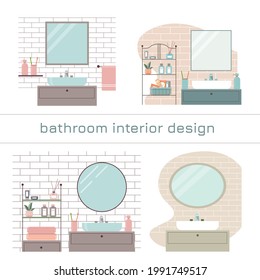 Set of vector illustrations with modern bathroom interiors. Cozy home or hotel design. Furniture and accessories.