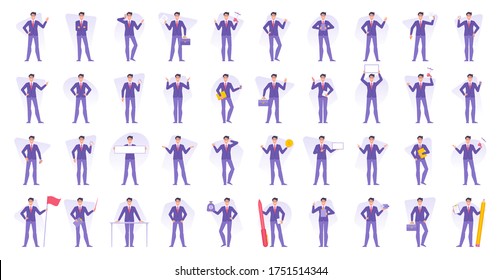 Conjunto de ilustraciones vectoriales empresarios modernos diseño de personajes de negocios en ropa formal azul haciendo varias actividades de negocios al mismo tiempo que alcanzan el éxito durante el trabajo de oficina