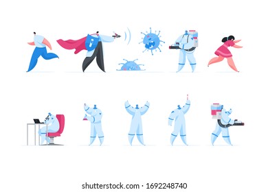 Set of vector illustrations of modern heroes killing coronavirus with medicine and disinfectant and developing vaccine in laboratories during pandemic