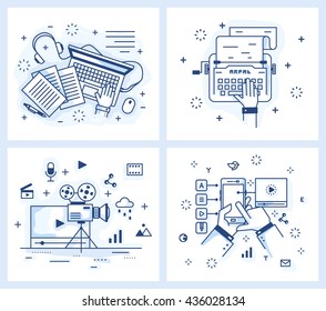 Set of vector illustrations in modern linear style, text editing, publishing, typewriter and a laptop,