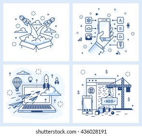 Set of vector illustrations in modern linear style, the launch of the project, a list of applications, detailed design, site development,