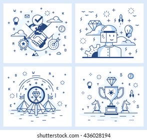 Set Of Vector Illustrations In Modern Linear Style, Conclusion Of A Deal, Search For Ideas, Source Of Inspiration, Achievement Of Results, The Quality Check.