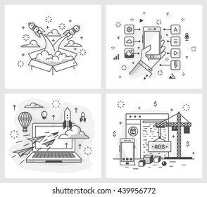 Conjunto de ilustrações vetoriais em estilo linear moderno, o lançamento do projeto, uma lista de aplicações, design detalhado, desenvolvimento do site,