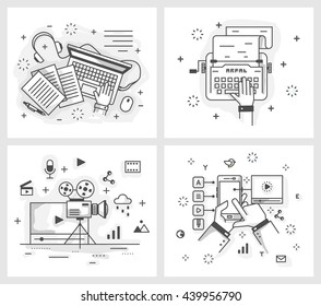 Set of vector illustrations in modern linear style, text editing, publishing, typewriter and a laptop,