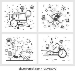 Set of vector illustrations in modern linear style, contracting, development strategy, achievement of results, the search ideas and inspiration, the desktop.