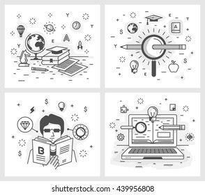 Set of vector illustrations in modern linear style, online education, search for knowledge and the pursuit of excellence, self-education and development, online tutorial.
