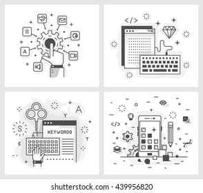 Set of vector illustrations in modern linear style, tuning applications, programming and design applications, keyword selection, adaptive design.