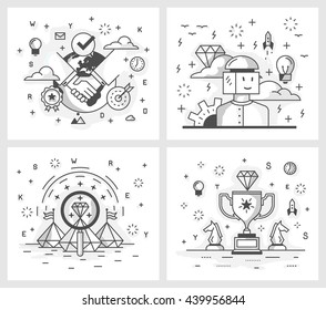 Set Of Vector Illustrations In Modern Linear Style, Conclusion Of A Deal, Search For Ideas, Source Of Inspiration, Achievement Of Results, The Quality Check.