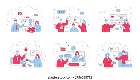 Conjunto de ilustraciones vectoriales con hombres y mujeres modernos observando y escuchando ofertas publicitarias de los gerentes mientras hacen compras en línea juntos. Ilustración de estilo plano, diseño de arte de línea delgada
