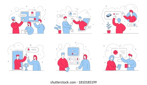 Set of vector illustrations with modern men and women communicating with online assistants while searching for goods and services on websites