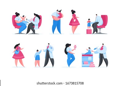 Set of vector illustrations of modern mothers and fathers with little children visiting male and female doctors in contemporary pediatric clinic