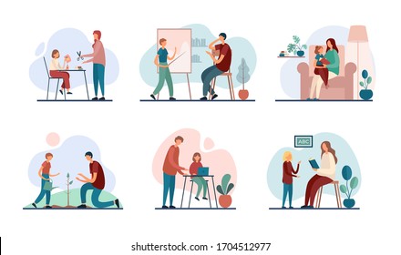 Set of vector illustrations with modern mothers and fathers tutoring little sons and daughters while performing family education program at home