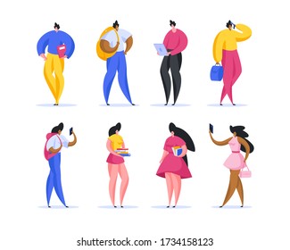 Conjunto de ilustraciones vectoriales con personas multirraciales modernas con libros de texto y aparatos listos para los estudios durante la educación en la universidad contemporánea. Ilustración vectorial de caricaturas planas