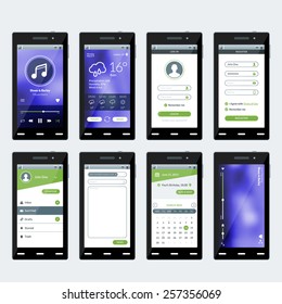 Set of vector illustrations of modern smartphone with apps. Flat design template for mobile apps