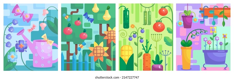 Set of vector illustrations in modern style for posters and covers. Stylized flowers, vegetables, fruits, garden supplies and abstract objects
