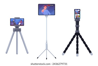 Set of vector illustrations of modern tripods with smartphones displaying live streaming sessions. Includes a classic tripod and a flexible one