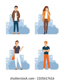 Set vector of illustrations with modern youth. City background. Girls and boys
