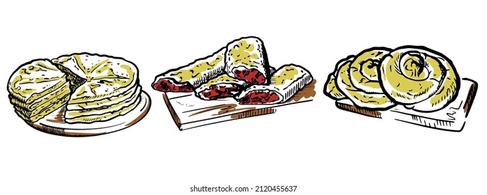 set of Vector illustrations of the Moldovan national dish Placinda and vertuta