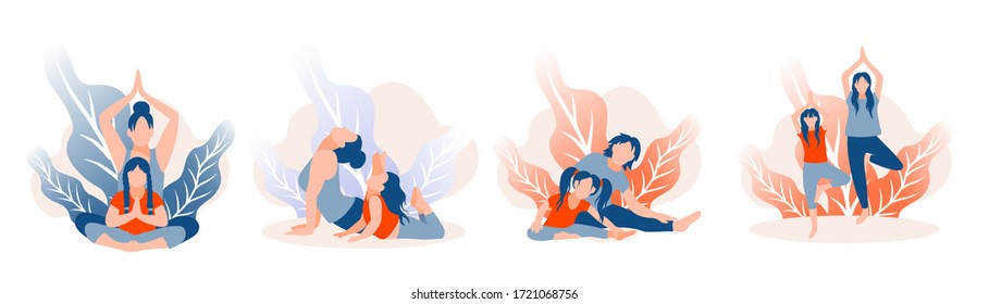 Set of vector illustrations. Mom and daughter do yoga and stretching. The concept of home activity with children in quarantine. A happy family. Prevention of the spread of coronavirus. Flat style.