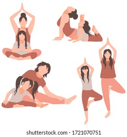 Set of vector illustrations. Mom and daughter do yoga and stretching. Brown colors. The concept of home activity with children in quarantine. Prevention of the spread of coronavirus. Flat style.