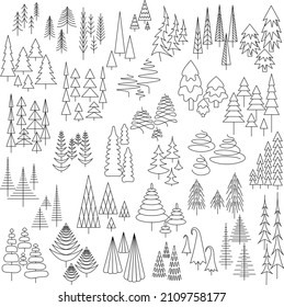 A set of vector illustrations of monochrome flat fir trees. Many groups of abstract coniferous trees in various styles for design
