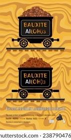 Set of vector illustrations of the most important aluminum ore bauxite in mining trolleys. The main product of bauxite processing is aluminum or aluminum oxide. Mineral texture of ore and chemical for