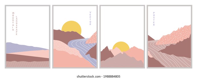 Set of vector illustrations mountain landscape posters. Geometric landscape background in asian japanese style. Abstract symbol for print, poster, sticker, card design. 