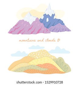Set of vector illustrations of mountains and clouds. Template for your design: card, web, poster, banner, sticker, touristic advertisment. Flat cartoon handdrawn style. 