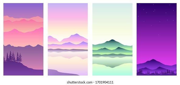 Set of vector illustrations of mountains at different times of the day, flat design.