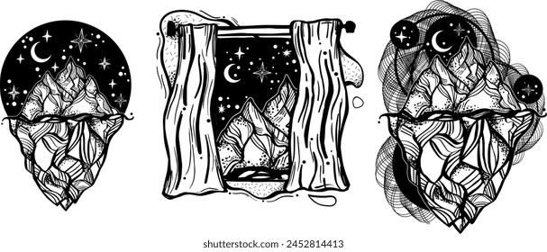 Set of Vector illustrations with mountains and night sky. Trendy black and white print design.