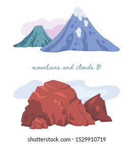Set of vector illustrations of mountains, snow and clouds. Template for your design: card, web, poster, banner, sticker, touristic advertisment. Flat cartoon handdrawn style. 