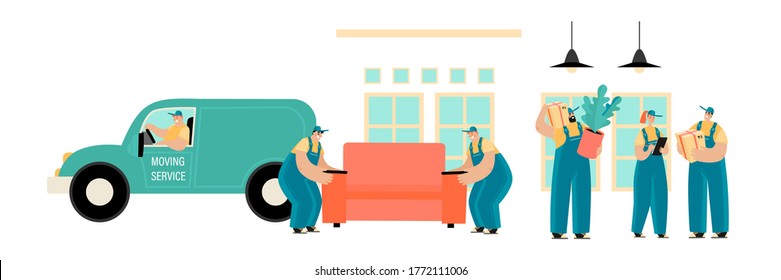 Set of vector illustrations of a moving service with men in uniform driving and carrying furniture and cardboard boxes. Movers at work. Cartoons in a flat style.