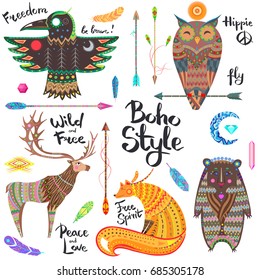Set of vector illustrations multicolored bright animals in boho style on white background. Ethnic sacral elements. Decoration geometric ornament. Set of handwritten calligraphy