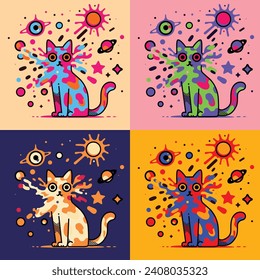 Set of vector illustrations with multicolored cats. Illustration art with cats. Trippy cats with cosmic background. Vector cartoon character illustration. Trippy, psychedelic cats.