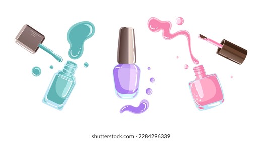 Conjunto de ilustraciones vectoriales de gotas multicolores de esmalte de uñas y esmalte de uñas