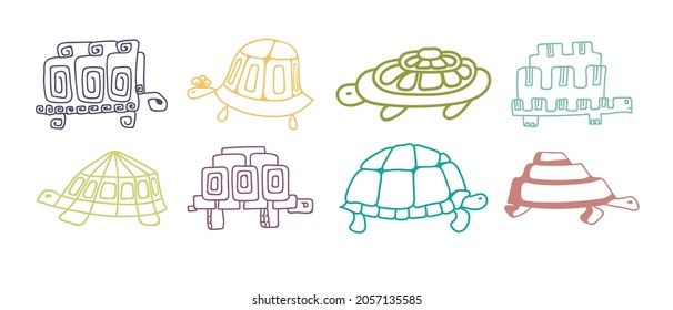 Set of vector illustrations of multicolored turtles. Decorative turtles are drawn with a line.