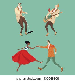 set of vector illustrations with musicians and a couple dancing Lindy Hop