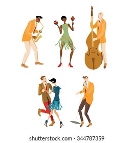 set of vector illustrations with musicians and a couple dancing Charleston