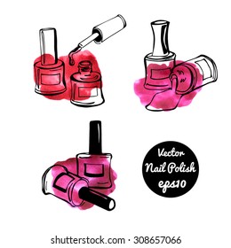 Set of vector illustrations of nail polish. Hand drawn doodle sketches of bottles with enamel. Black outlines and bright colorful watercolour stains.