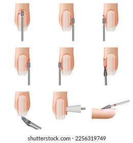 set of vector illustrations nail treatment for manicure