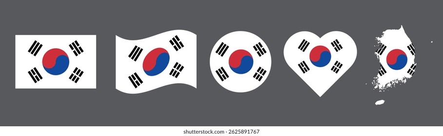 Conjunto de ilustrações vetoriais da bandeira nacional da Coreia do Sul (Taegukgi) em várias formas, incluindo retângulo, onda, círculo, coração e silhueta de mapa.