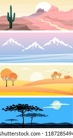 set of vector illustrations natural landscape autumn forest, Savannah, winter mountains, cactus in the desert, flat design