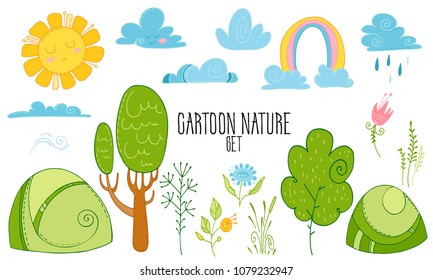 Set of vector illustrations with nature cartoon. Clouds, sun, trees, plants isolated on white background
