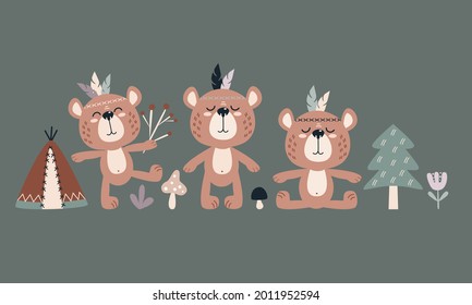 conjunto de ilustraciones vectoriales con naturaleza y osos animales lindos. clipart para diseño infantil, vacaciones, invitaciones y tarjetas