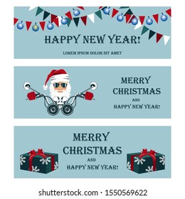 Set of vector illustrations for new year and christmas. Christmas garlands, Christmas balls, Santa Claus, motorcycle steering wheel, gifts. Design elements for banners, flyers, cards, prints.