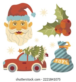 set of vector illustrations new year christmas santa claus bag with toys car with christmas tree