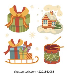 set of vector illustrations new year christmas sleigh with gifts round box house in snow
